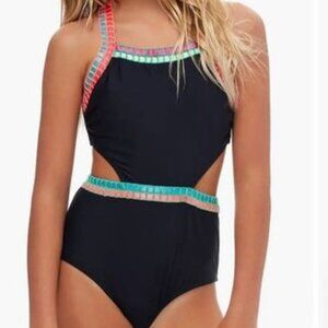 Beach Lingo Kids Embroidered Trim Cutout Swimsuit One Piece Black Multicolor 10